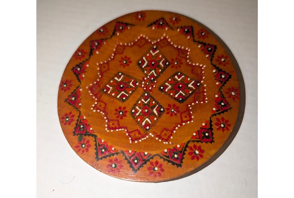 Vintage 5" Russian USSR Hand Carved & Painted Wooden Plate Heavier Wood Rare